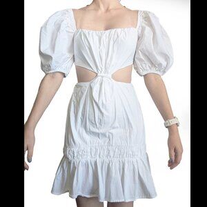 Forever 21 Cotton White Puffy Sleeve Cutout Mini Dress
